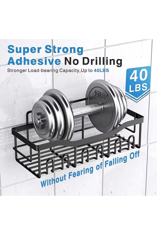 5-Piece Adhesive Shower Caddy Set - No-Drill Bathroom Organizer & Shampoo Holder - Black Metal - 3
