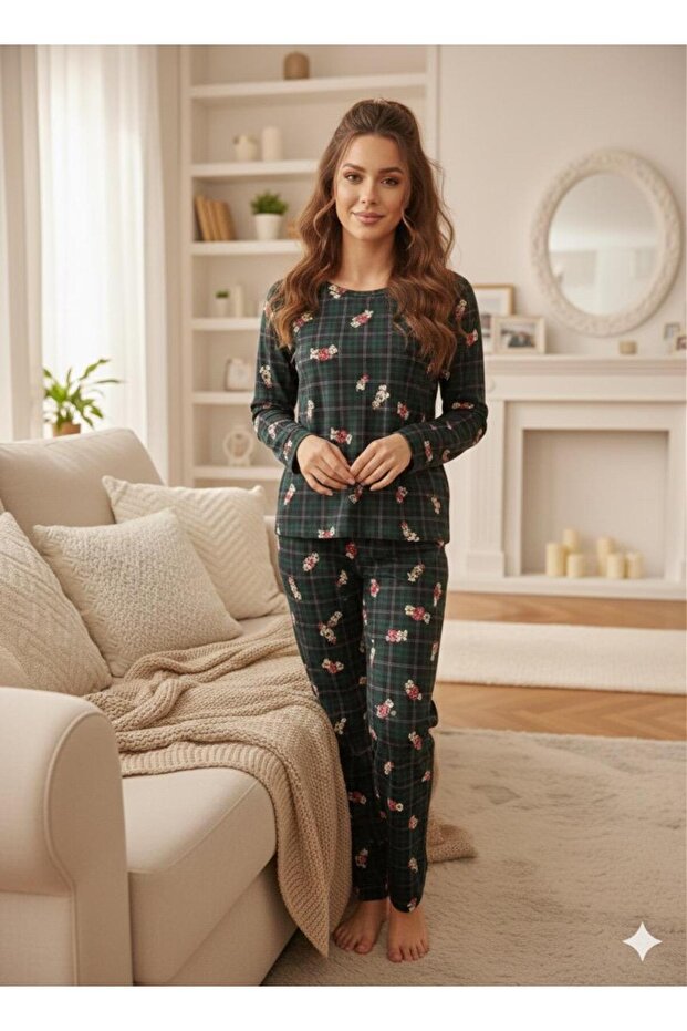 Plaid Pattern Suede Pajama Set - 1