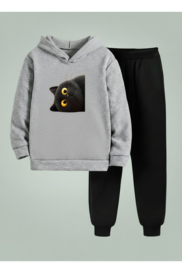 Unisex Sweatshirt - Tracksuit Set Children (Hooded) Dark Cat Printed 3 Thread Raised