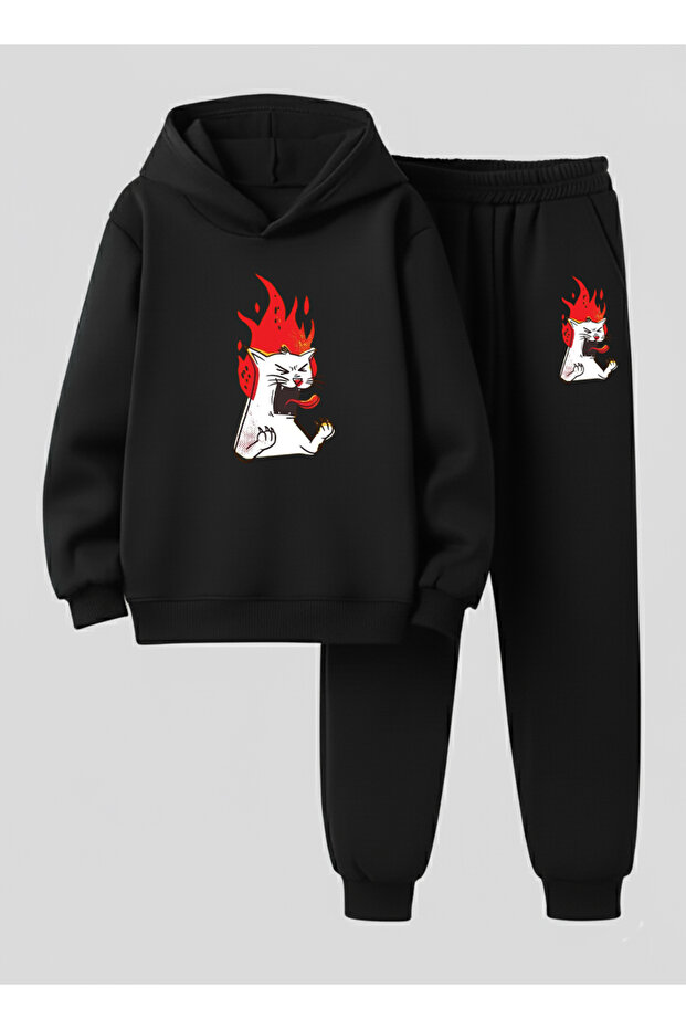 Unisex Children's Sweatshirt - Tracksuit Set (Hooded) Angry Cat Print Printed Plik Embossed