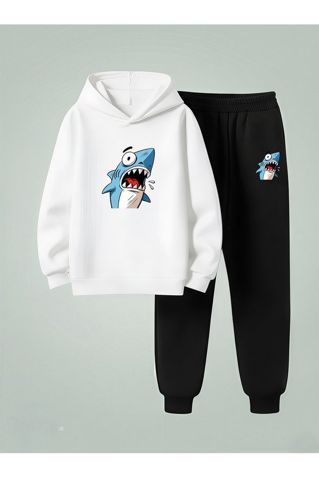 Sweatshirt - Tracksuit Set Kids (Hooded) Shocked Shark Printed 3 Thread Raised Lettering