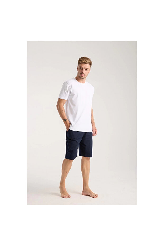 Mi̇ray- Men's Pocketed Lacost Cotton Combed Shorts Navy Blue - 2