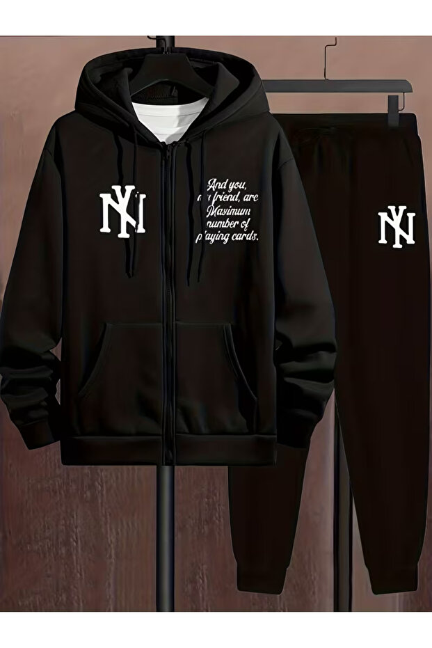 Printed zippered sweatshirt tracksuit bottom 2-piece set top and bottom set