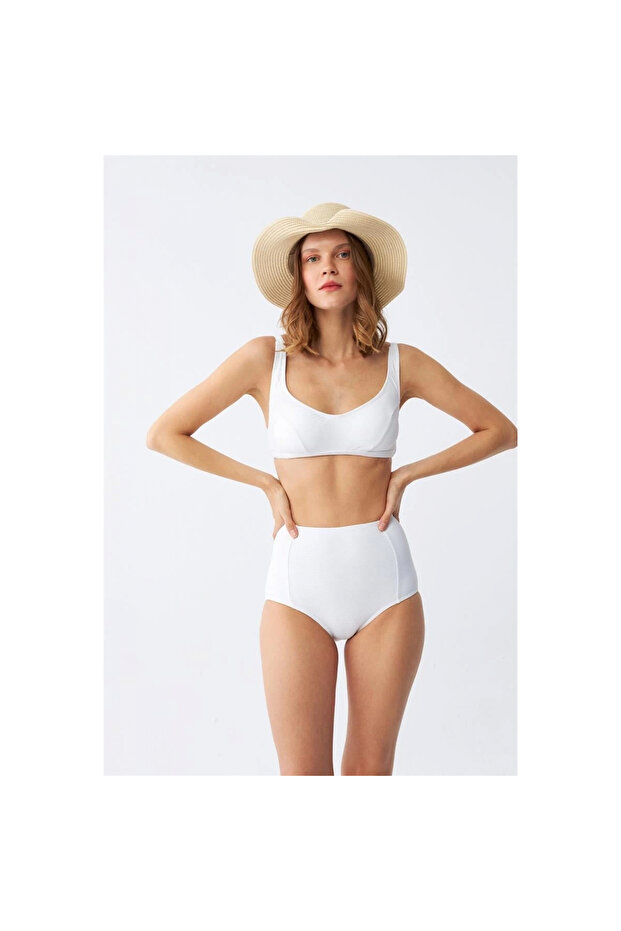 Mi̇ray- Women's Basic White Padded High Waist Bikini Set - 1