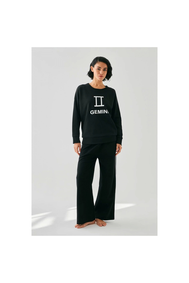 Mi̇ray- Women's Black Gemini Ov Oversized Thread Tracksuit Home Wear Set - 3