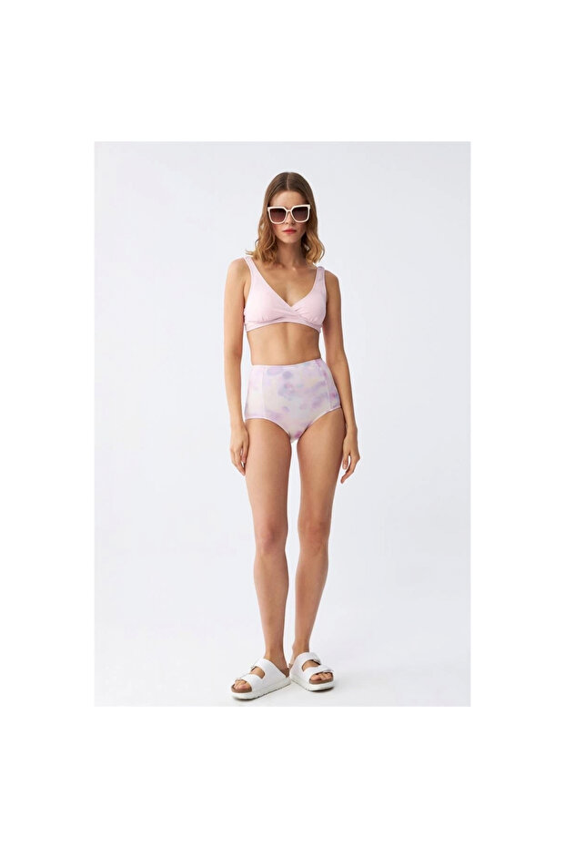 Mi̇ray- Women's Pink Padded Top and Pastel Patterned High Waist Bikini Set - 3