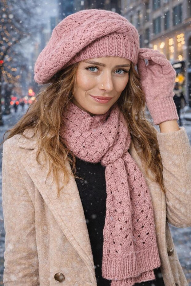 Pink Scarf, Beanie, Gloves 3-Piece Set, Winter Gift, Gift for Women, Valentine's Day Gift