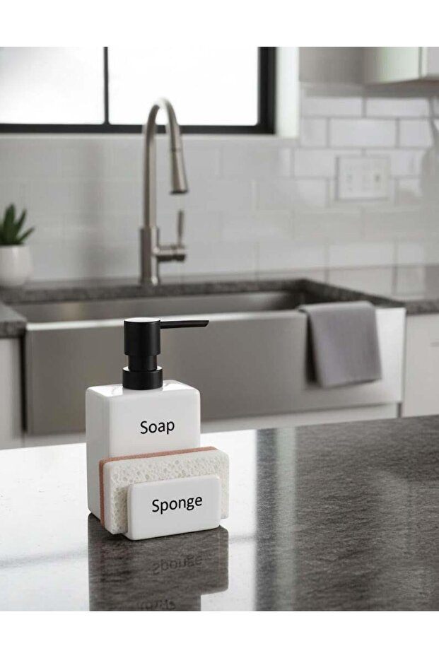Ceramic Kitchen Liquid Soap Dispenser and Sponge Holder with Compartment Detergent Dispenser – Set of 2 - 3