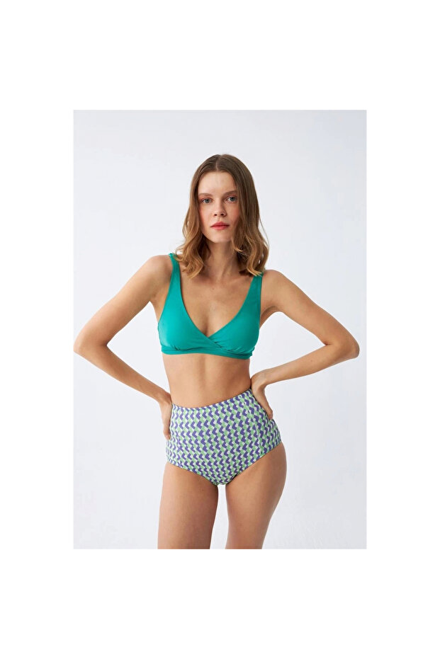 Mi̇ray- Women's Green Padded Geometric Patterned High Waist Bikini Set - 5