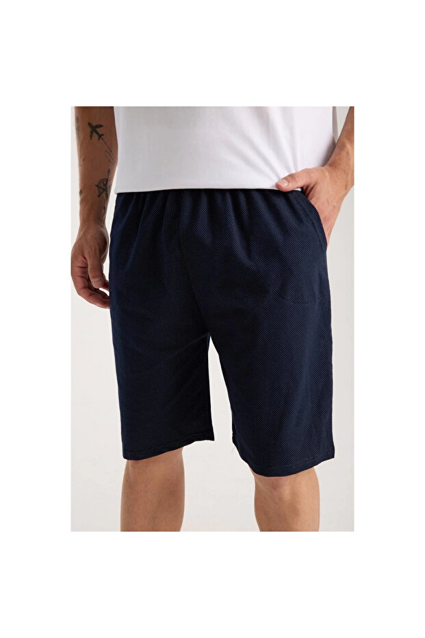 Mi̇ray- Men's Pocketed Lacost Cotton Combed Shorts Navy Blue - 4