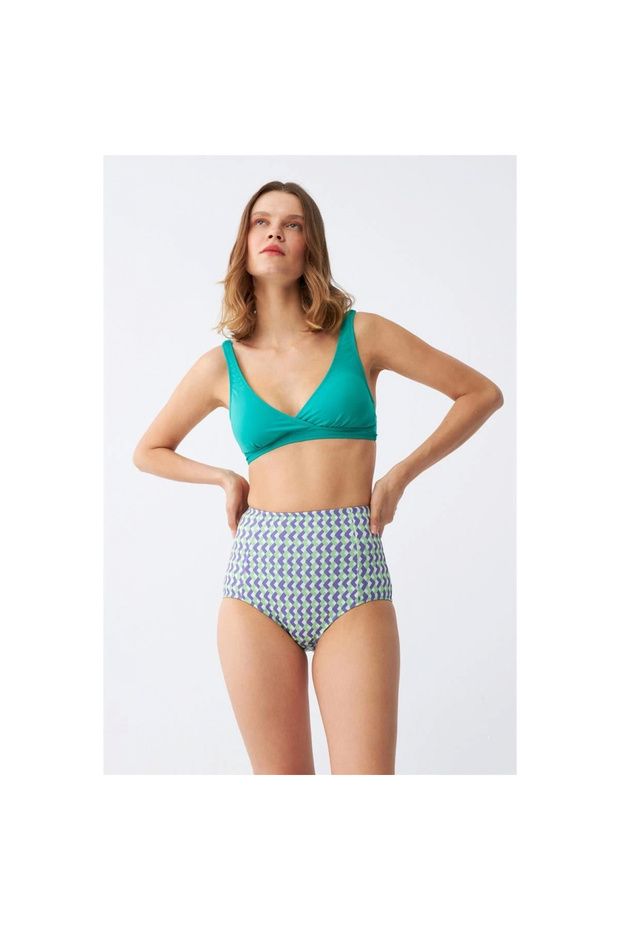 Mi̇ray- Women's Green Padded Geometric Patterned High Waist Bikini Set - 4