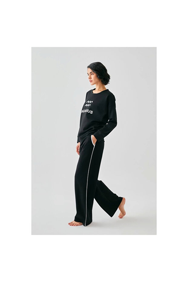 Mi̇ray- Women's Black Aquarius Zodiac Sign O Oversized 2-Piece Tracksuit Home Wear Set - 3