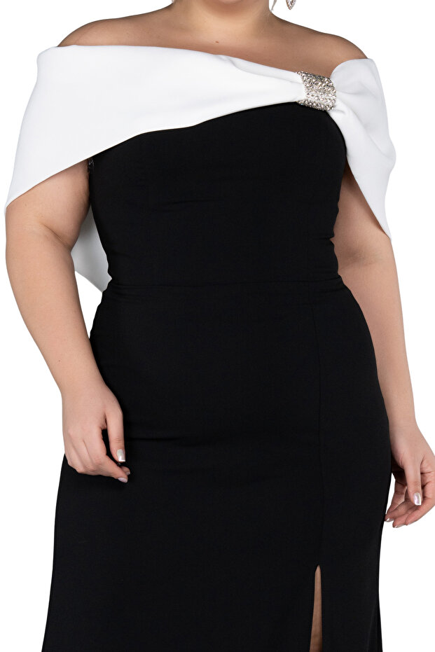 Plus Size Long Evening Dress, Boat Neck Rhinestone Brooch, Slit Dress Fish Form Chic Wedding Party Dress 46-52 - 2