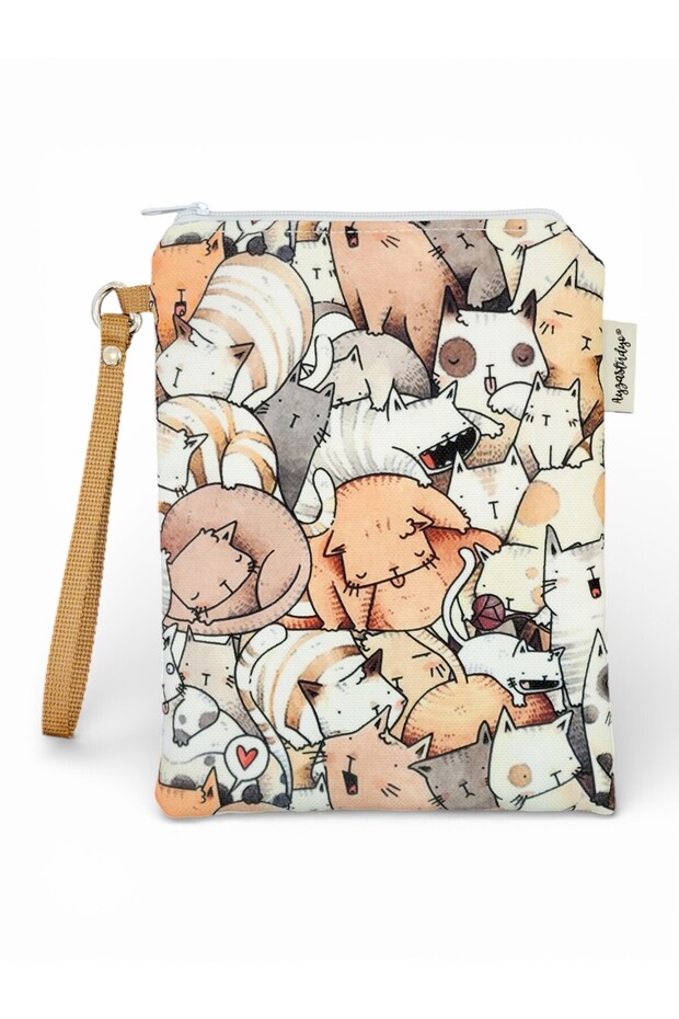 Soft Brown Cosmetic Makeup Bag with Fun Cat - Portfolio Clutch Bag (23X16 cm)