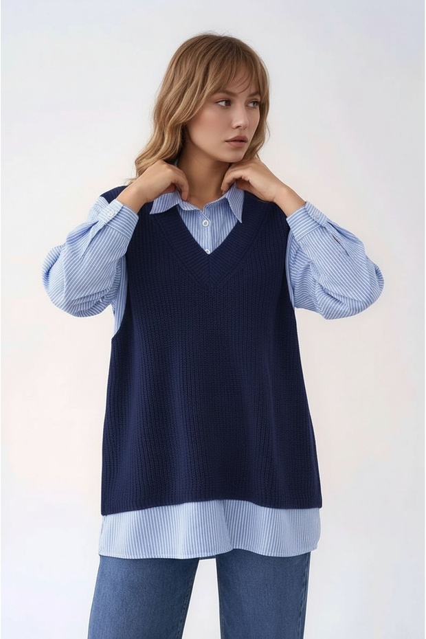 Women's Long Sleeve Shirt Collar Inside Shirt Inside Knitwear Y Vest Set Sports Stylish Shirt Sweater - 2