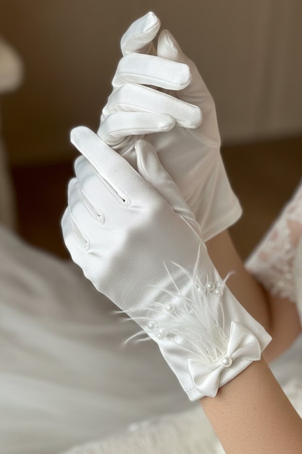 Victorian Pearl Satin Bridal Gloves - Luxurious Wedding Gloves with Feather and Bow Detail