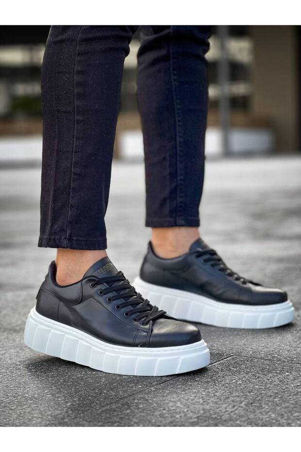 Mhd-099 Men's Lace-Up High Sole Leather Sneaker Shoes Cbt - Black - 2