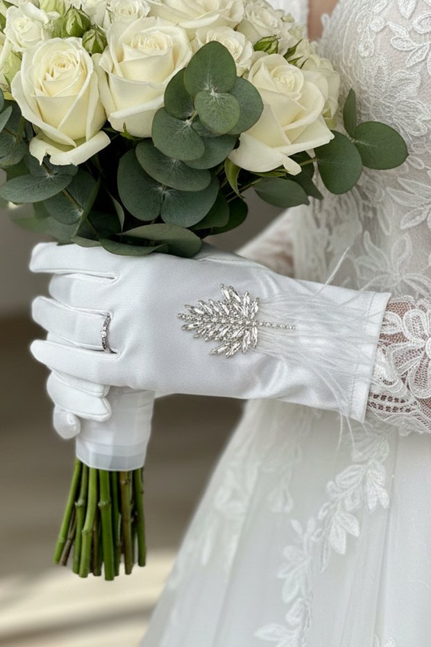 Satin Bridal Gloves - Luxury Wedding Gloves with Crystal Stone Leaf Figure and Feather Detail