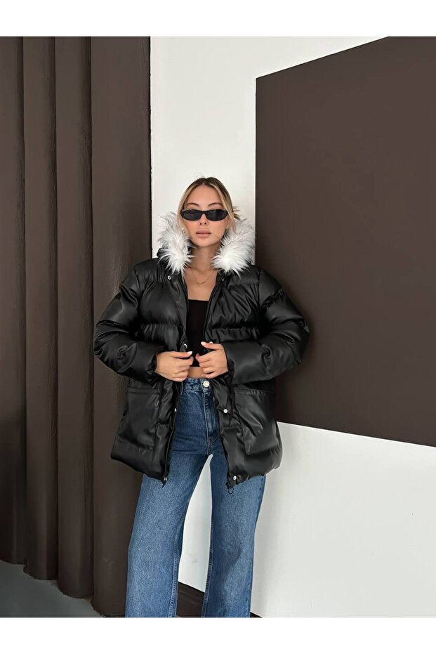 Women's Puffer Leather Coat with Fur Hood - 5