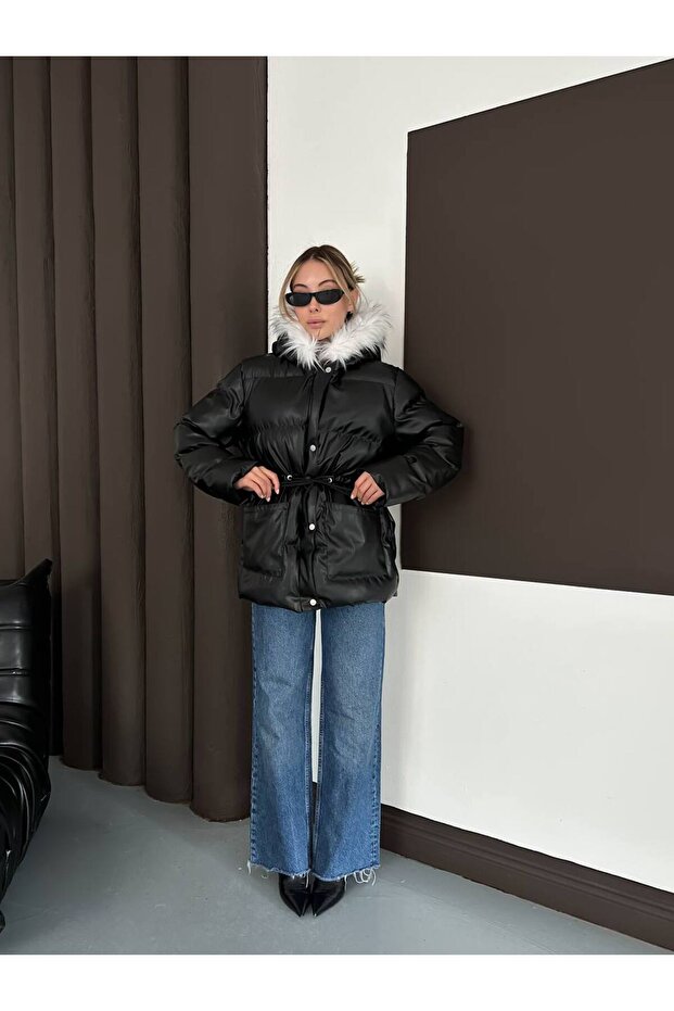 Women's Puffer Leather Coat with Fur Hood - 2