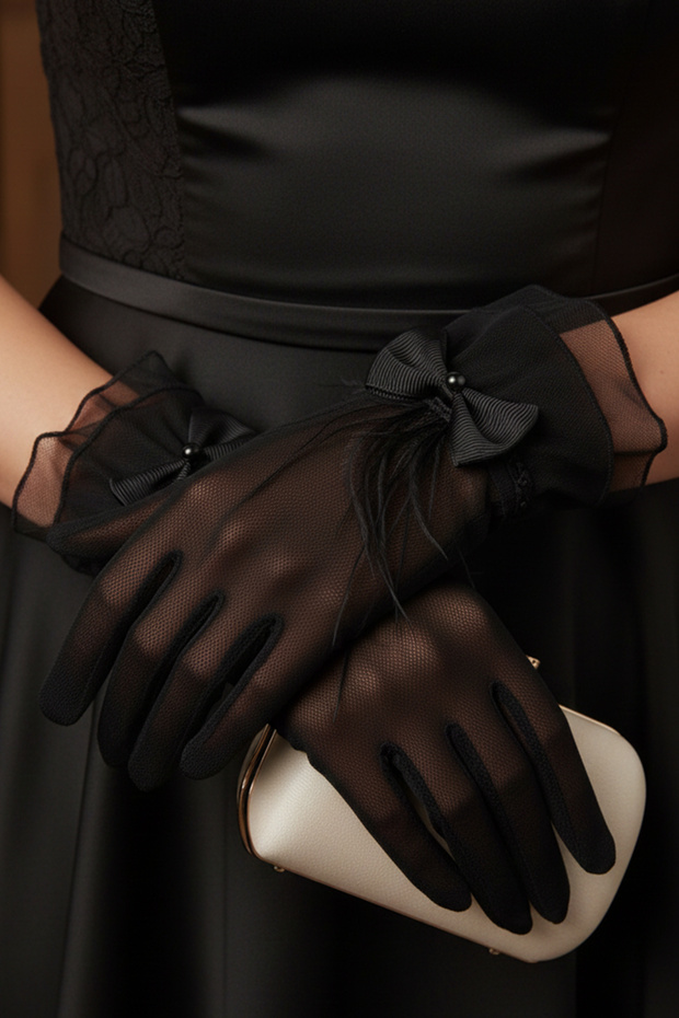 Ruffle Detailed Sheer Bridal Gloves - Ribbed Tulle Fabric Stylish Wedding Accessory