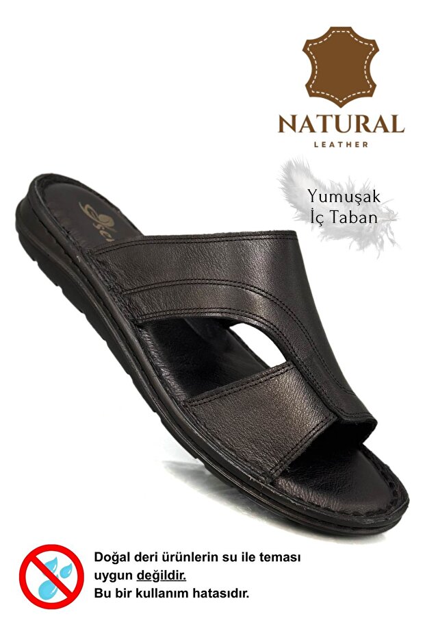 Genuine Real Leather Men's Slippers Light Slippers Leather A Black - 3