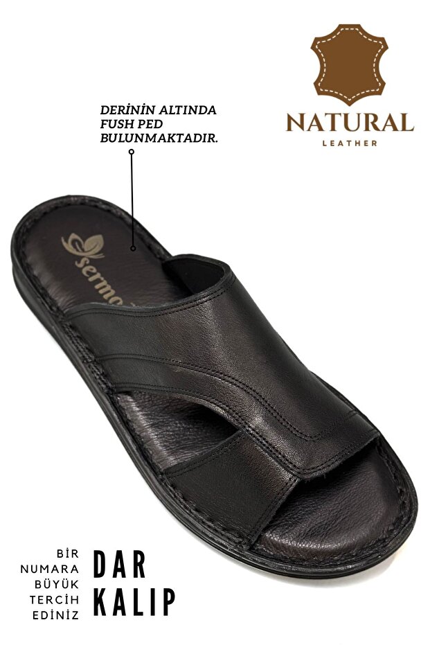 Genuine Real Leather Men's Slippers Light Slippers Leather A Black - 4