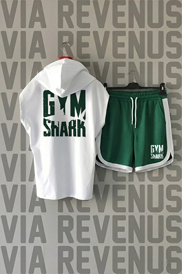Gym Front Back Printed Zero Sleeve Hooded Tshirt and Custom Sports Shorts Set