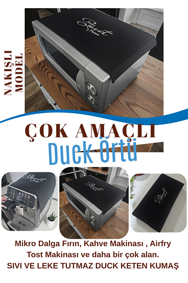 Embroidered Multi-Purpose Duck Linen Cover Microwave Oven Airfry Coffee Machine Cover 60X30 cm Black