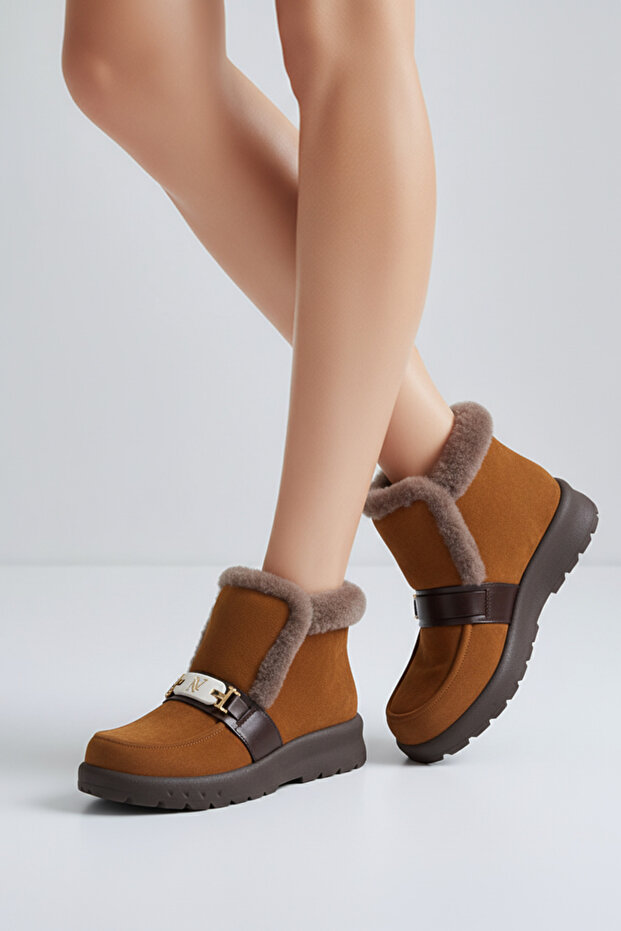 Genuine Suede Leather Brown Boots with Natural Fur Inside