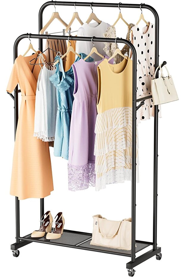 Clothes Rail Clothing Rack: Drying Portable Clothes Rail with Hook and Wheel Metal Freestand