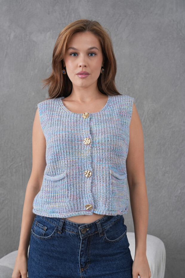 Women's Wide Collar Button Detail Thessaloniki Knit Sleeveless Knitwear Vest 8606Sw - 1