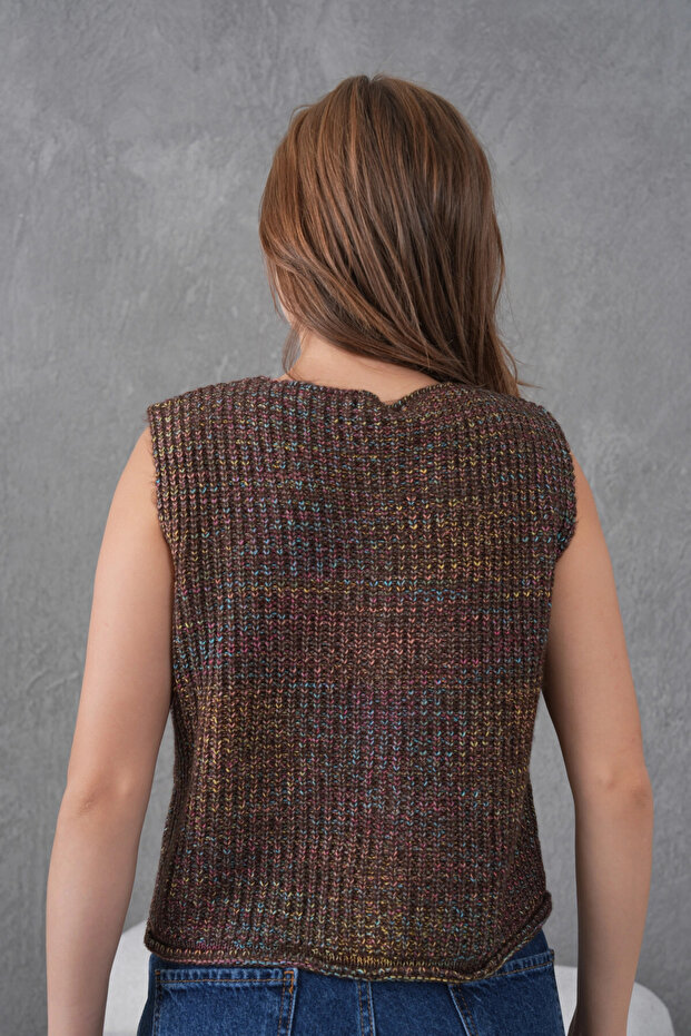 Women's Wide Collar Button Detail Thessaloniki Knit Sleeveless Knitwear Vest 8606Sw - 6