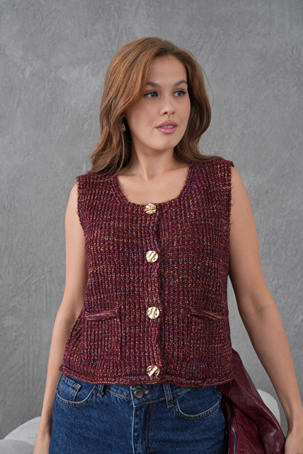 Women's Wide Collar Button Detail Thessaloniki Knit Sleeveless Knitwear Vest 8606Sw - 1