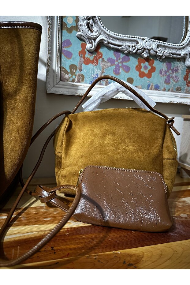 Deri biyeli süet çanta - 3