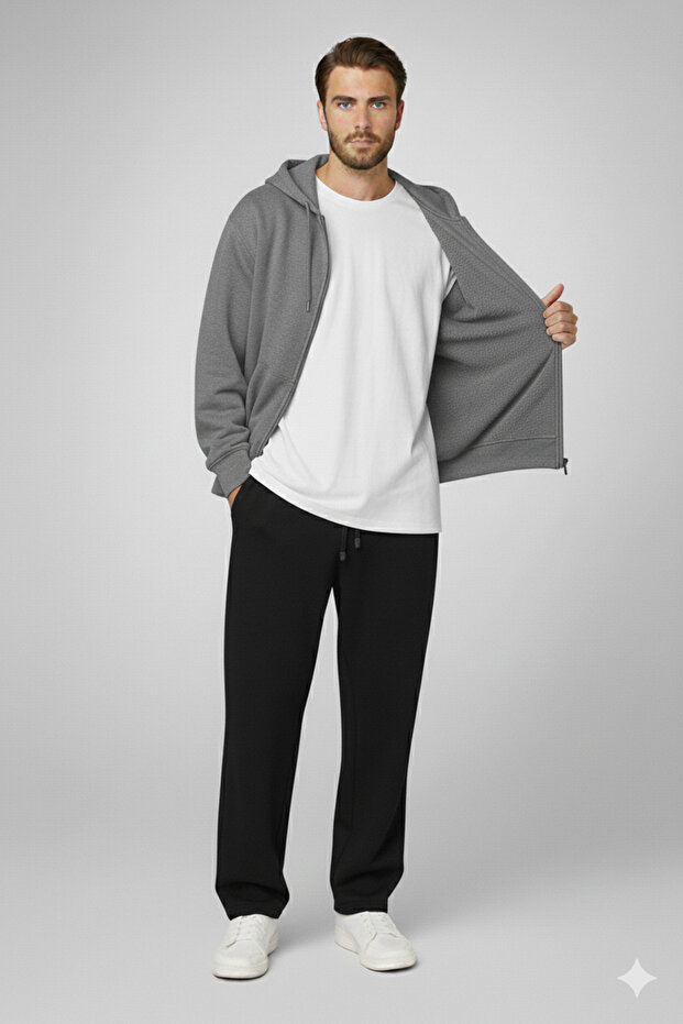 Men's Zippered Cardigan Vrebol Cut Baggy Tracksuit Set Combed Cotton Fabric - Winter Bottom Top Set