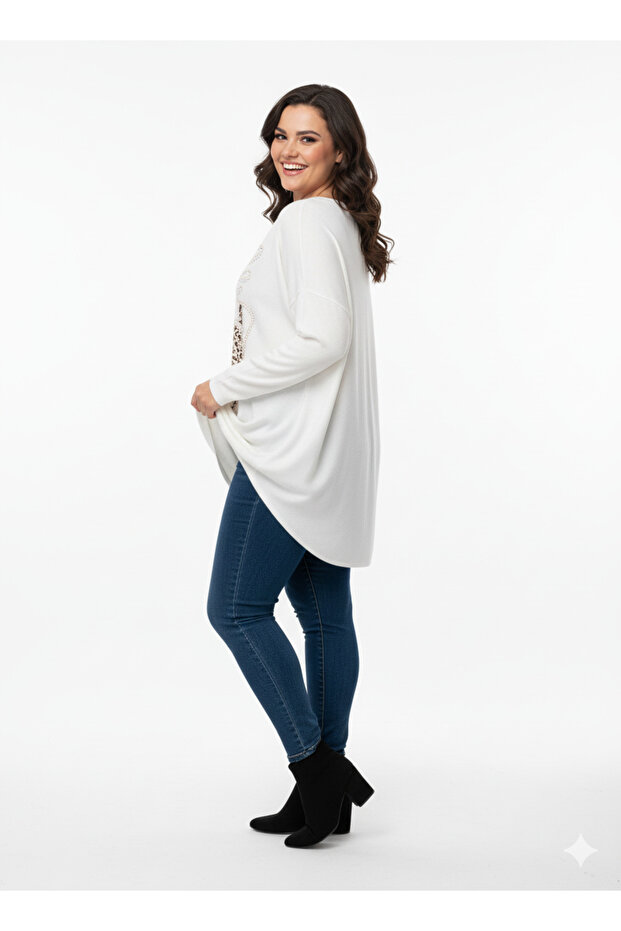 Women's Sequin Patterned Cotton Wool Italian Blouse - White - 3