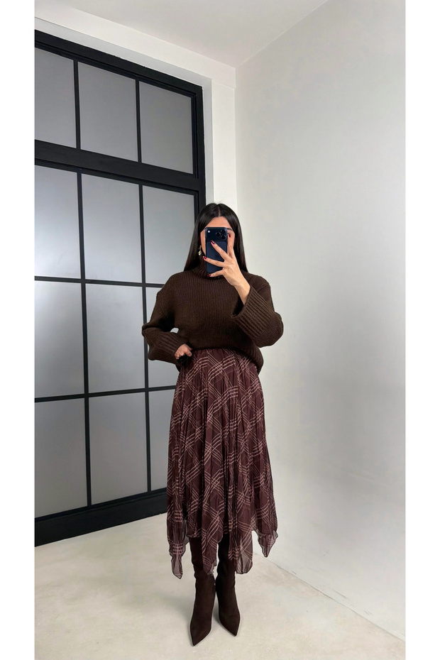 Women's Brown Lined Plaid Patterned Chiffon Skirt - 3