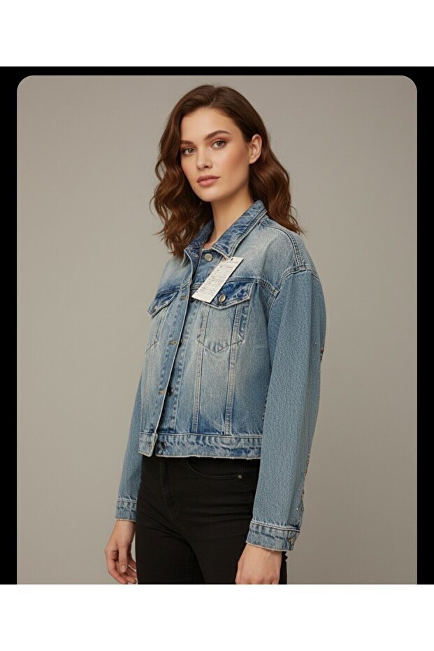 Stone Embroidered Short Denim Coat