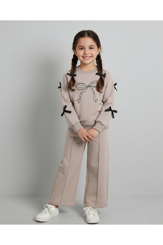 SLIM FIT! Girls' Bow Detail Wide-Leg 4-10 Years Transitional 2-Thread Sweatshirt Set, 2-Piece Set