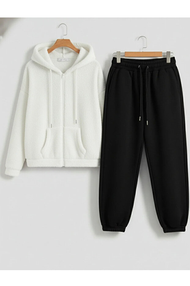Unisex Cut Zippered Plush Tracksuit Set Oversized Mold Hooded Plush Cardigan Sweatpants Set