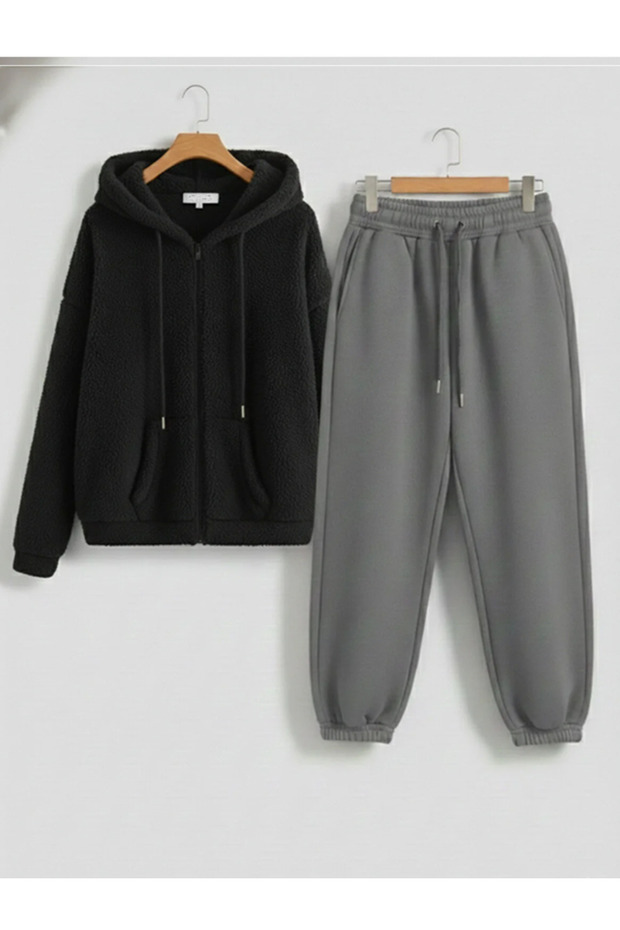 Unisex Cut Zippered Plush Tracksuit Set Oversized Mold Hooded Plush Cardigan Sweatpants Set