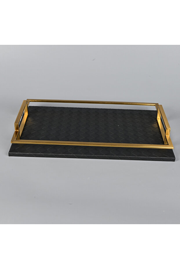 صينية تقديم مستطيلة الشكل بإطار من الجلد الأسود والفولاذ النحاسي - 3