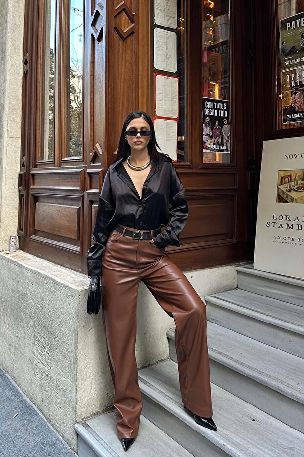 Women's Tan Premium Quality Leather Pants | Office Kombin Mlb130