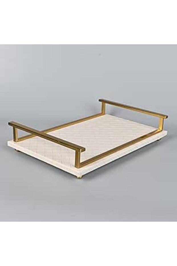 صينية تقديم مستطيلة 40 × 26 سم، مصنوعة من الجلد الرمادي الفاتح بإطار من الفولاذ النحاسي - 1