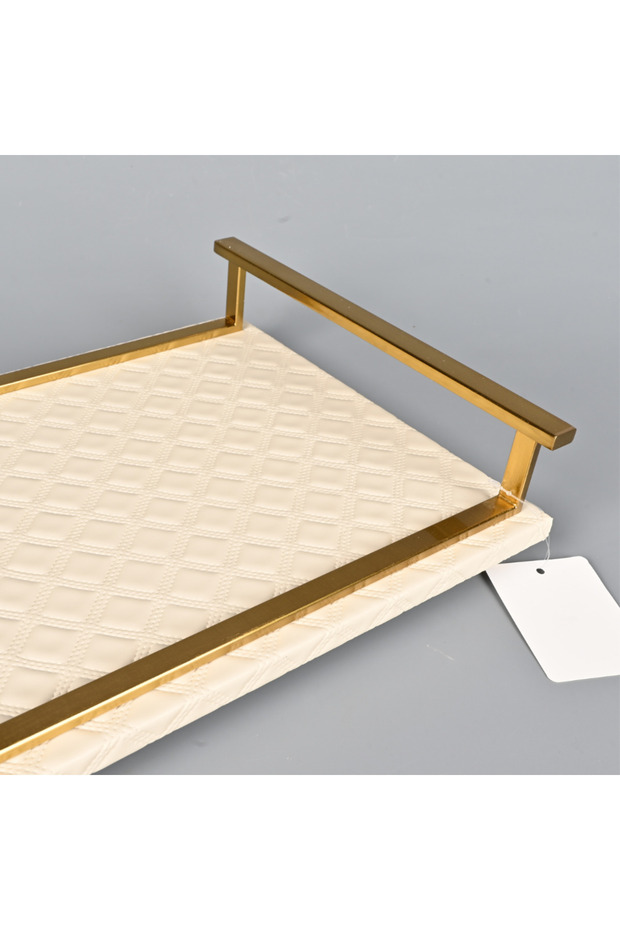 Rectangular Serving Tray 40x26 cm Beige Leather with Copper Frame - 5