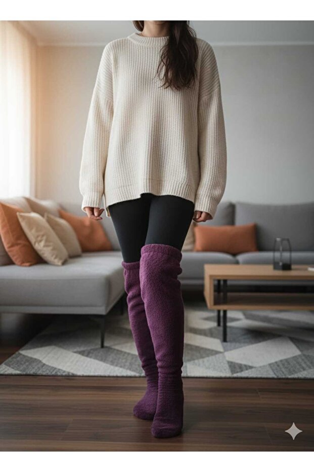 Wellsoft Plush Over-The-Knee Home Socks Long Socks Booties Winter Unisex Purple