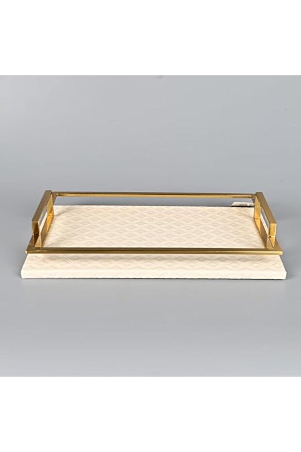 Rectangular Serving Tray Beige Leather with Copper Frame 40x26 cm - 2