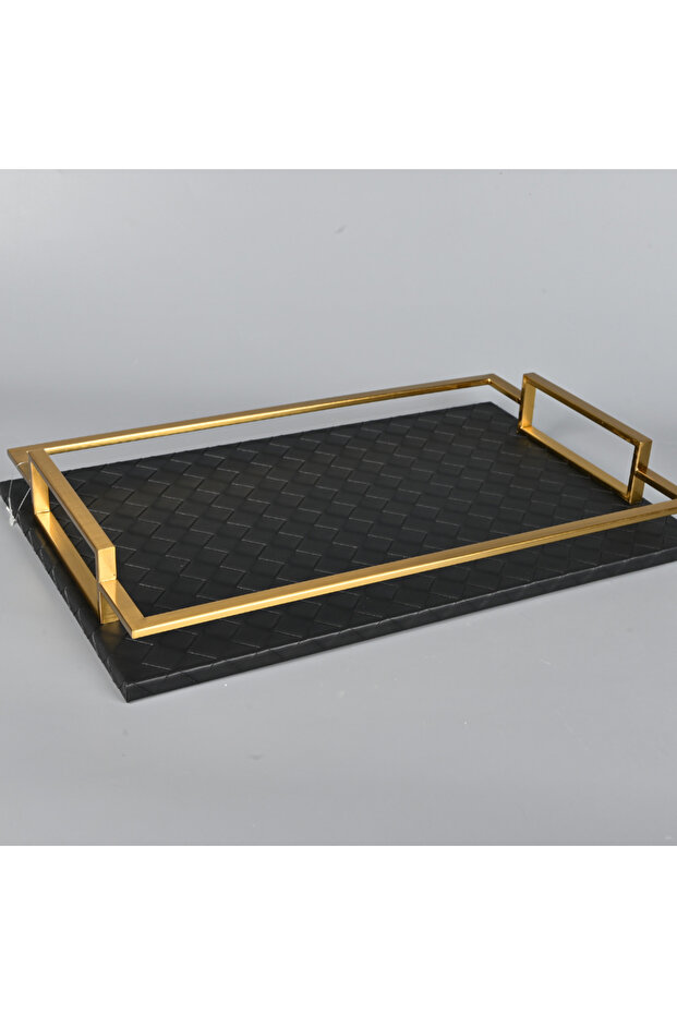 صينية تقديم مستطيلة الشكل بإطار من الجلد الأسود والفولاذ النحاسي - 2