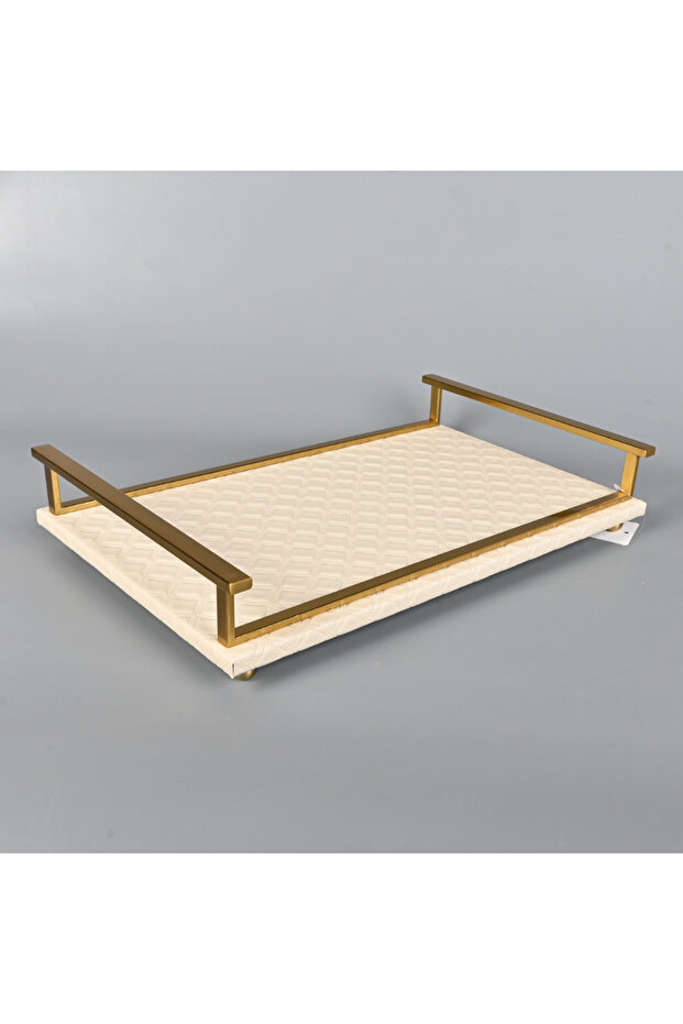 صينية تقديم مستطيلة من الجلد البيج بإطار نحاسي - 2